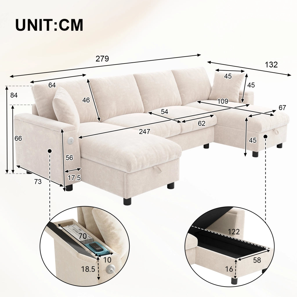 Divano a U con chaise longue e contenitore, porte USB e Type-C, in ciniglia beige, 279 × 135 × 84 cm