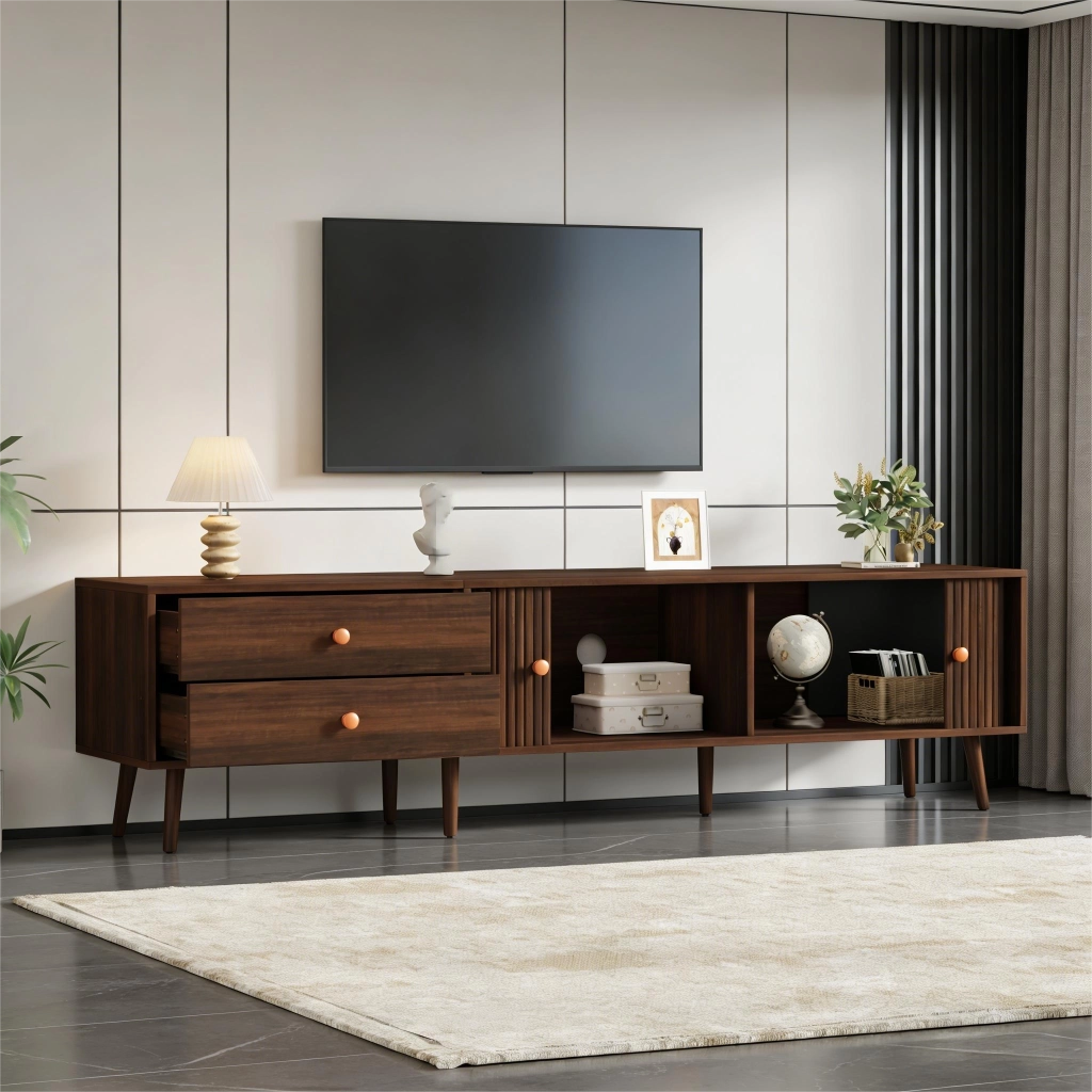 Mobile porta TV con 2 cassetti, 2 ante scorrevoli e 8 piedi, per soggiorno, in MDF, noce, 180 × 40 × 46,5 cm