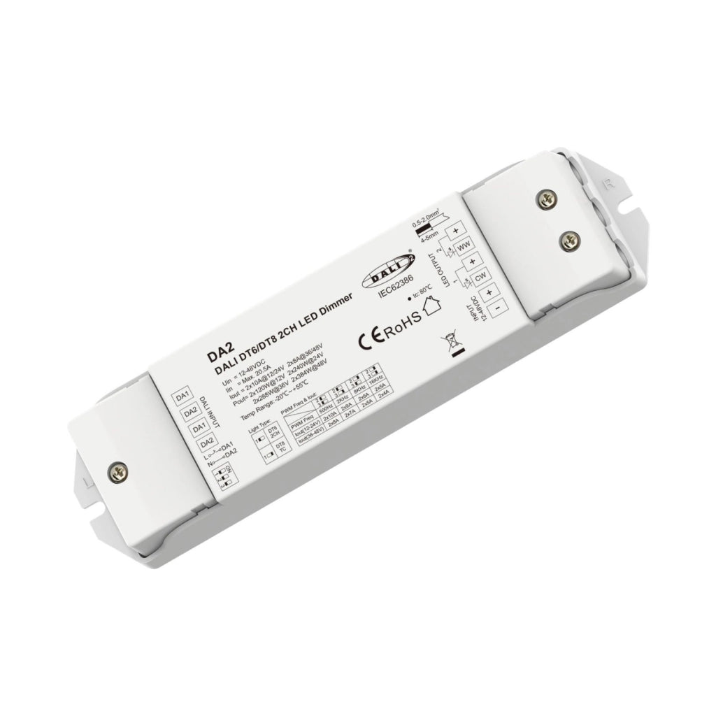 Dimmer DALI 2 Canali, 2X10A@12V/24V, 2X8A@36V/48V, Dimmerabile Con Pulsante NO, Push Dim, DALI-2, PWM, DT6 DT8 per Strisce LED Monocolore CCT