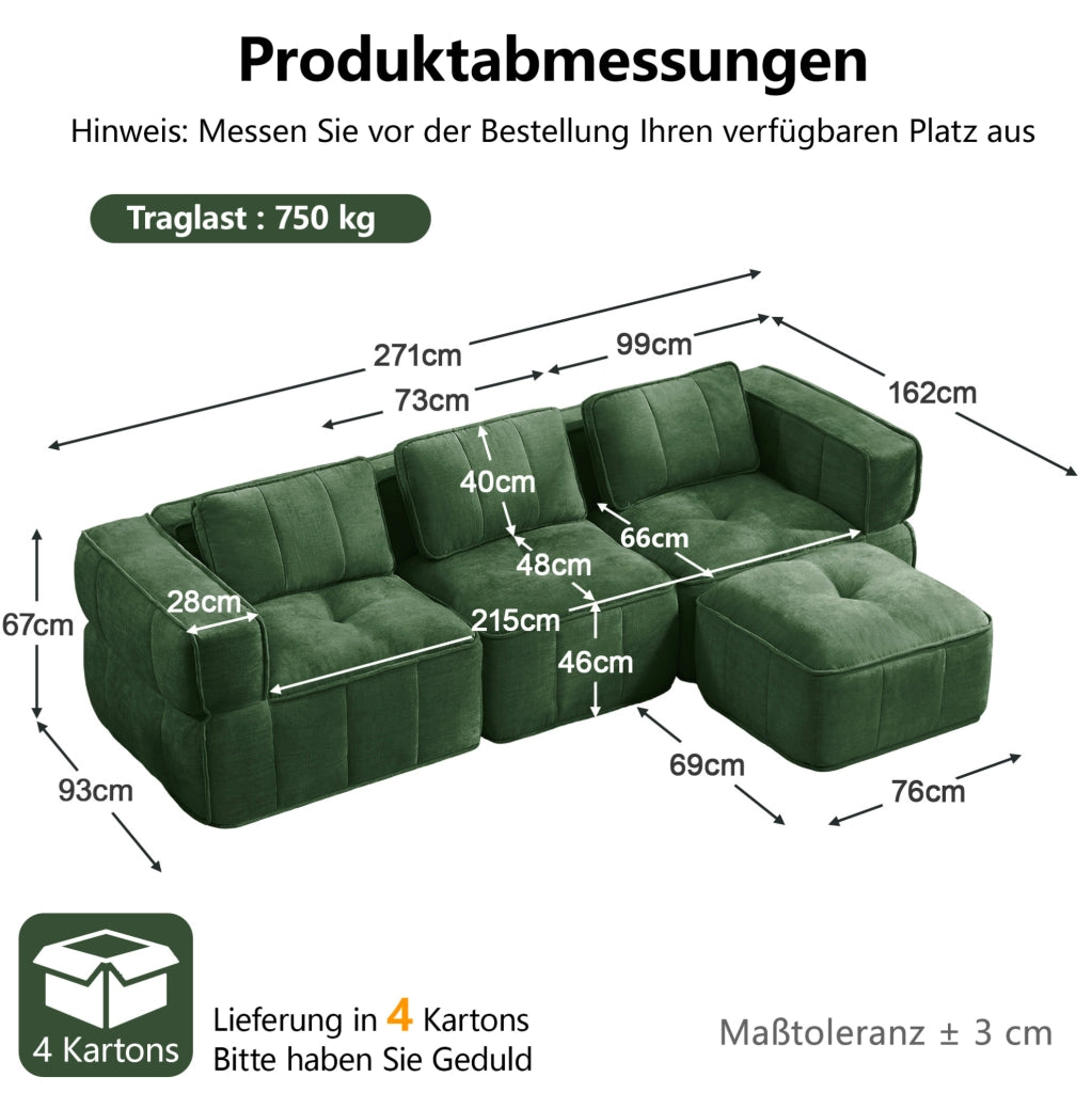 Divano angolare modulare in poliestere verde con pouf HOMVRA