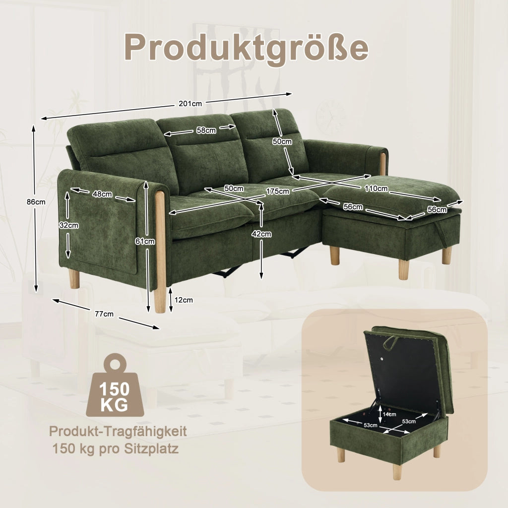 Divano ad angolo con pouf contenitore e tasche laterali chaise longue reversibile in ciniglia verde 201 × 77 × 86 cm