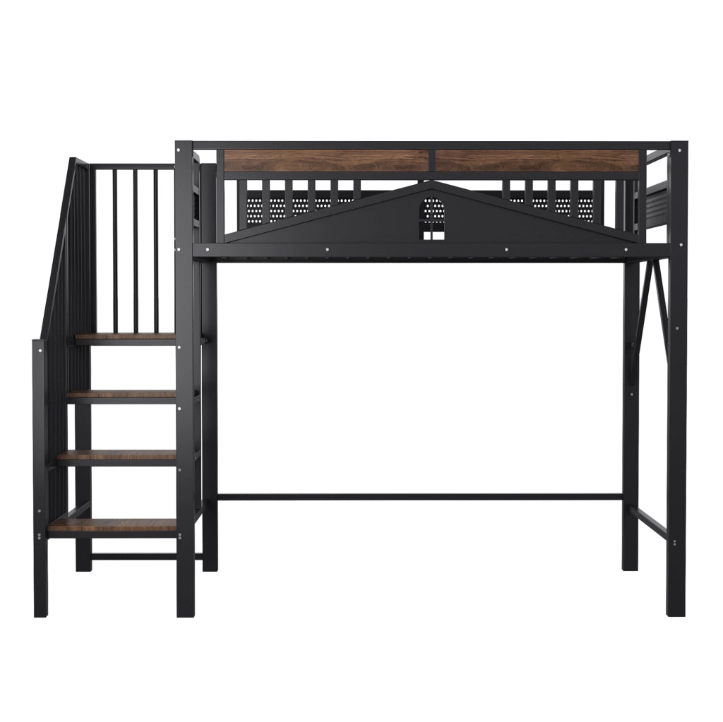 Letto a soppalco in metallo 90x200 cm con scala laterale e spazio contenitivo; nero