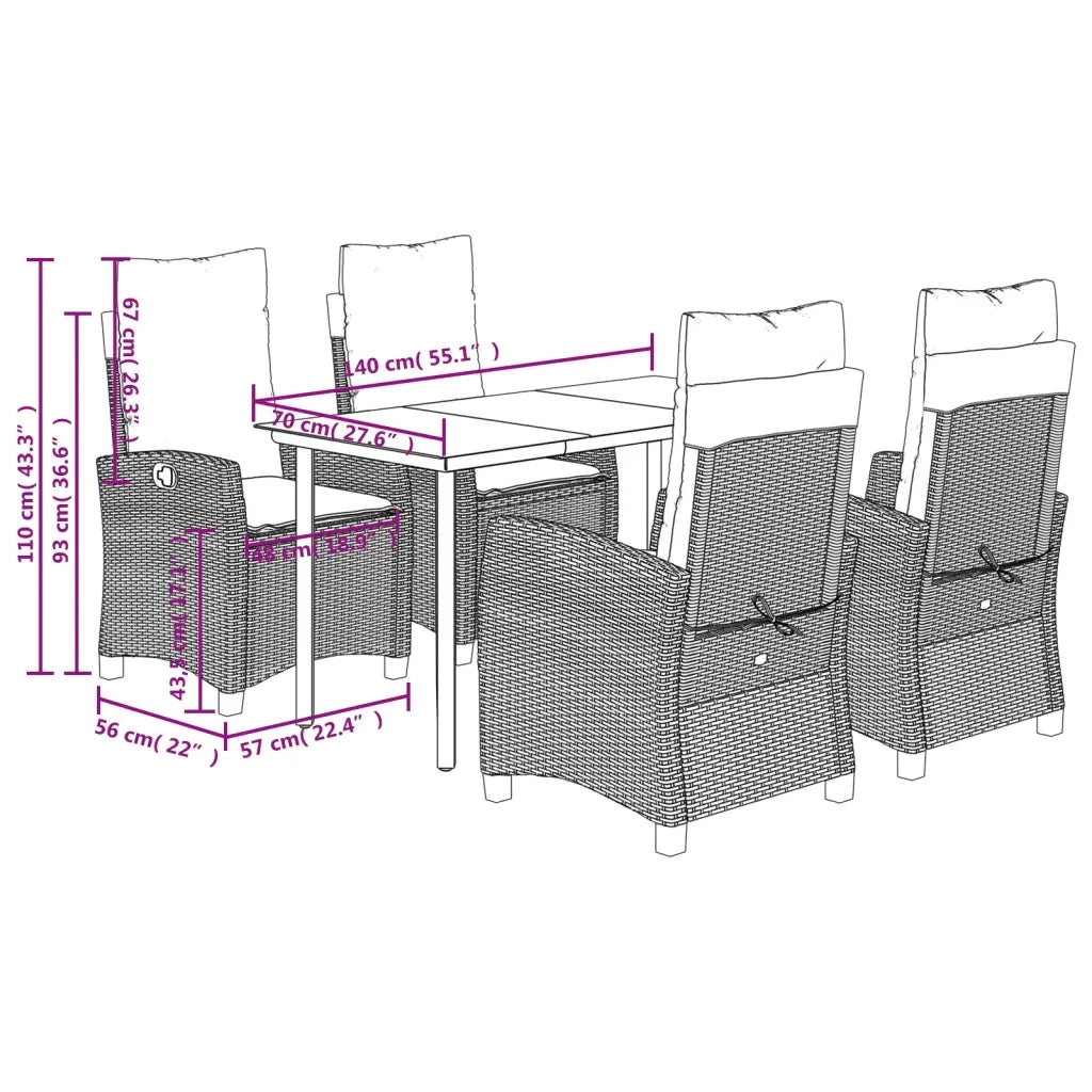 Set da Pranzo da Giardino 5 pz Nero con Cuscini in Polyrattan
