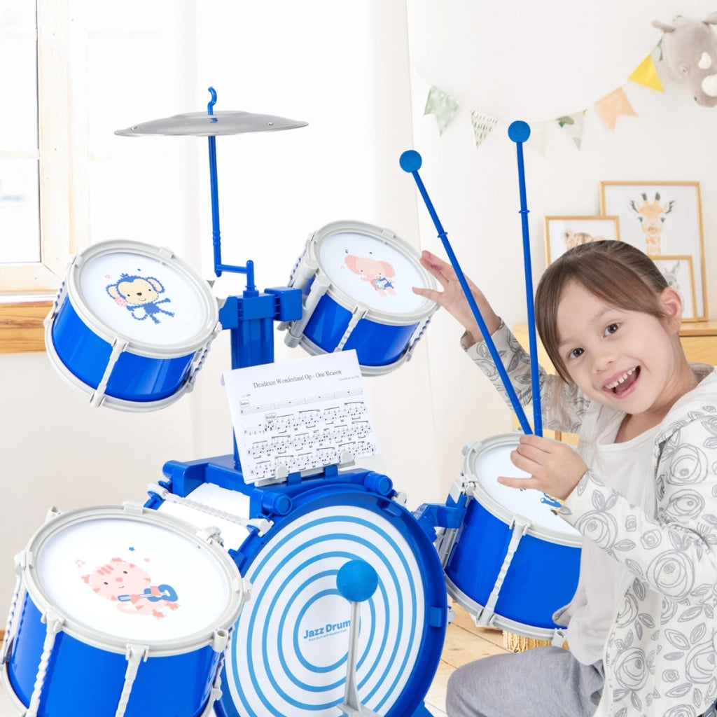 Set di batteria per bambini con cassa 2 tamburi medi 2 rullanti piatto bacchette e pedale, Kit di batteria jazz Blu-Batterie elettriche