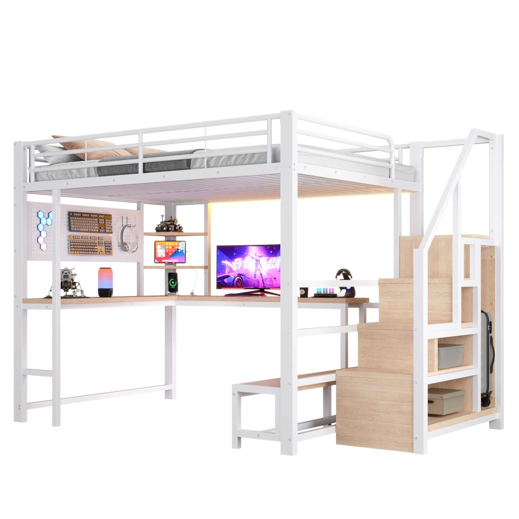 Letto a soppalco in metallo 140x200 cm, letto alto matrimoniale con scrivania, pannello forato, scala contenitore, prese USB/USB-C, ripiani e illuminazione LED, bianco