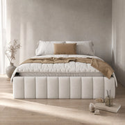 Letto imbottito ULEVR 140x200 cm con 4 cassetti e rete a doghe, velluto beige