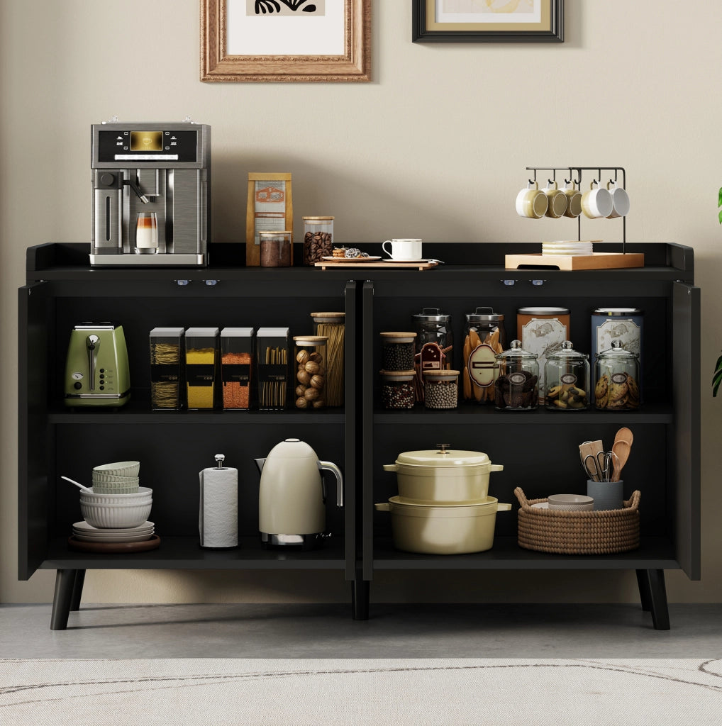 Credenza con 4 ante; ripiani regolabili e vano aperto; MDF; nera; 140 x 40 x 84 cm