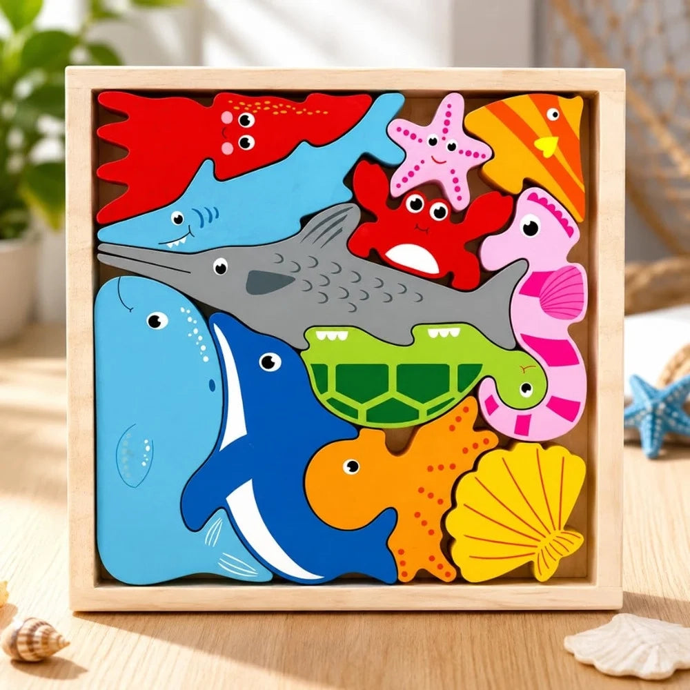 Trade Shop - Puzzle 3d A Incastro In Legno Forma Animali Marini Per Bambini Gioco Educativo 07936 -