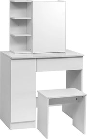 Scrivania con Specchio e Sedia - Tavolo e Scrivania per Trucco - Camera da Letto, Salotto, Ufficio - Legno - Bianco - 80x50x75 - Bianco