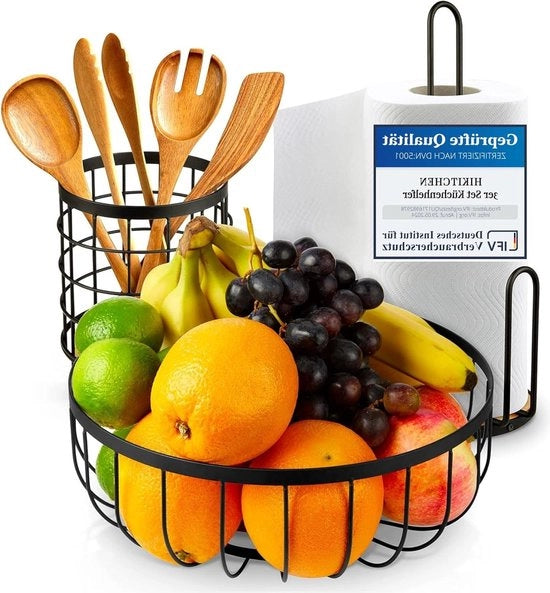 Set di 3 fruttaio - vassoio per frutta - supporto per la cucina - supporto per le posate - contenitore di archiviazione - decorativo - scala in metallo nero e bambù.