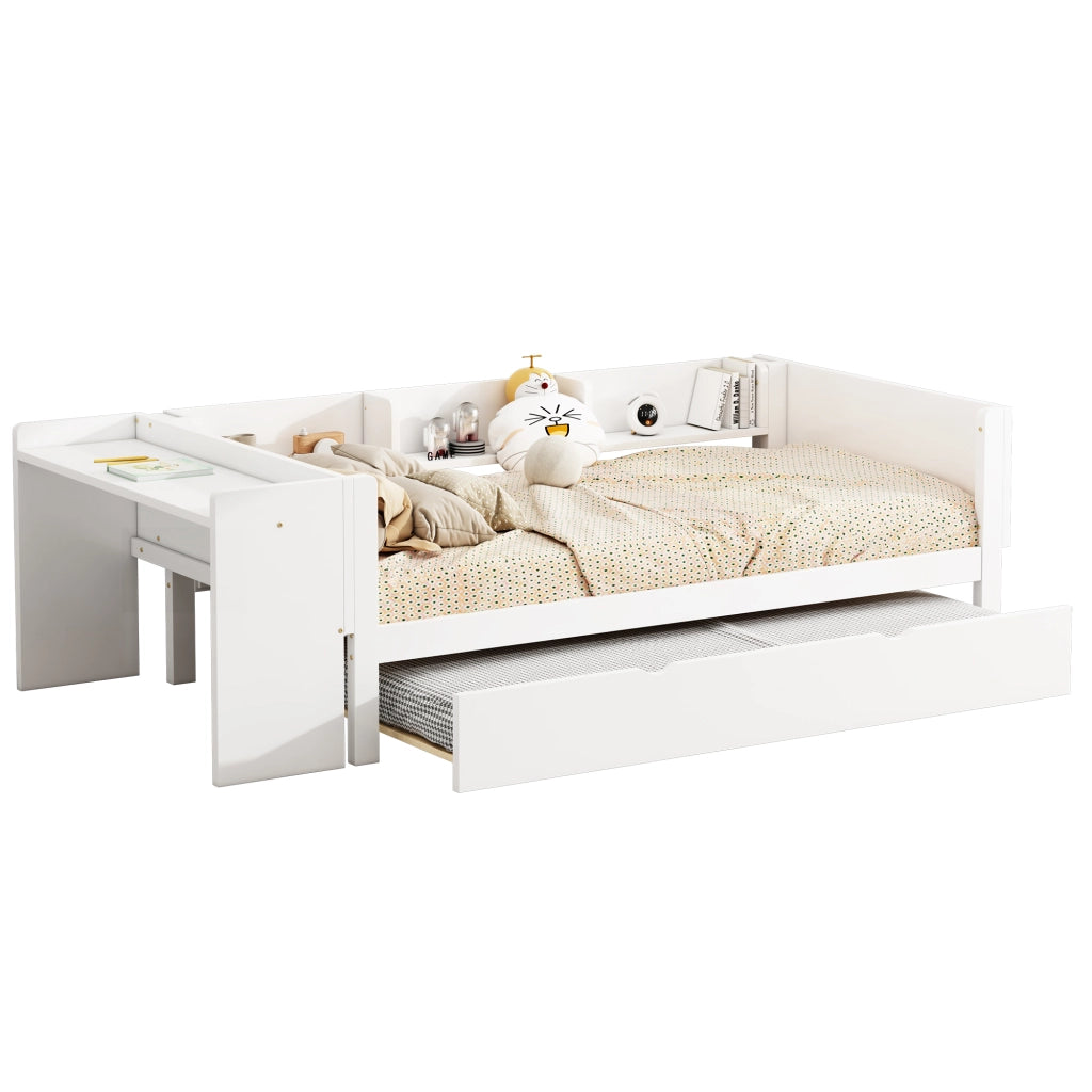 Letto basso con letto estraibile scrivania e tre ripiani in pino 90x200 cm