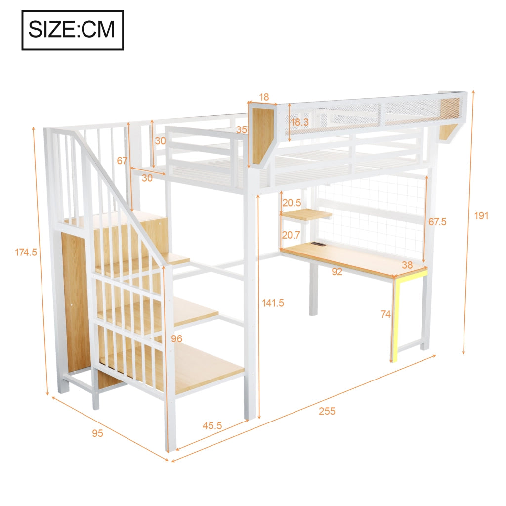Letto a Soppalco con Scrivania, Scaletta di Sicurezza e LED ¨C MINIMAL ¨C Metallo Bianco 90x200