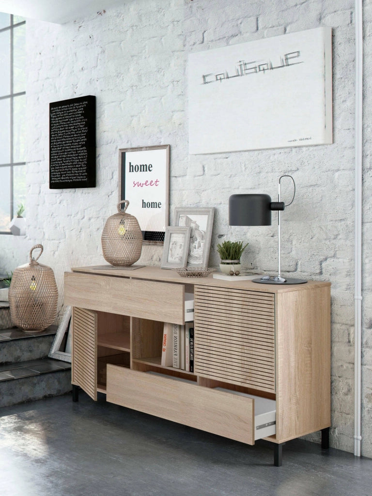 Credenza Abib, Madia moderna a 2 ante, Buffet da soggiorno, Mobile porta TV, Madia con piedini per salotto, cm 151x41h80, Rovere