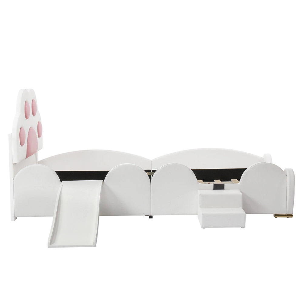 Letto bambino-Xylo-90x200 cm-testo zampa gatto, scivolo, scala, bianco+rosa