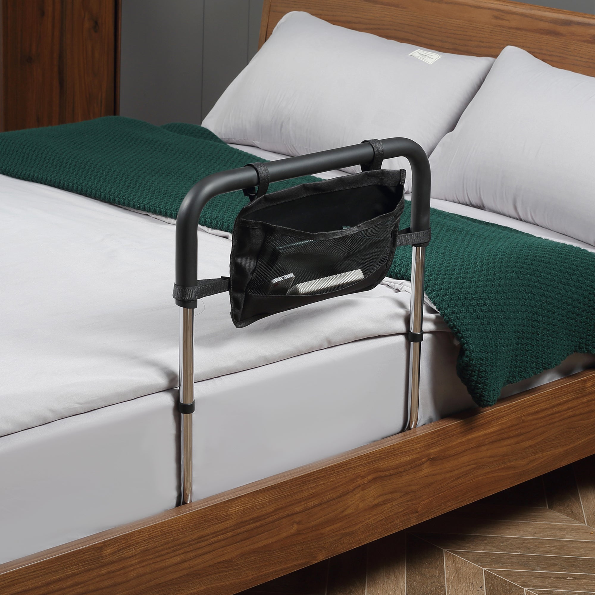 Maniglia Letto per Anziani 87x51,5 cm Larghezza e Altezza Regolabile in Acciaio Argento