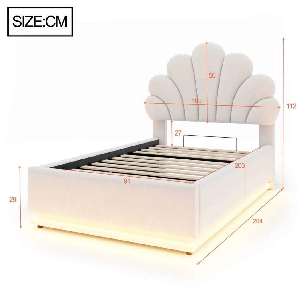 Letto Contenitore 90x200 cm; con LED e Contenitore Idraulico in Velluto Beige