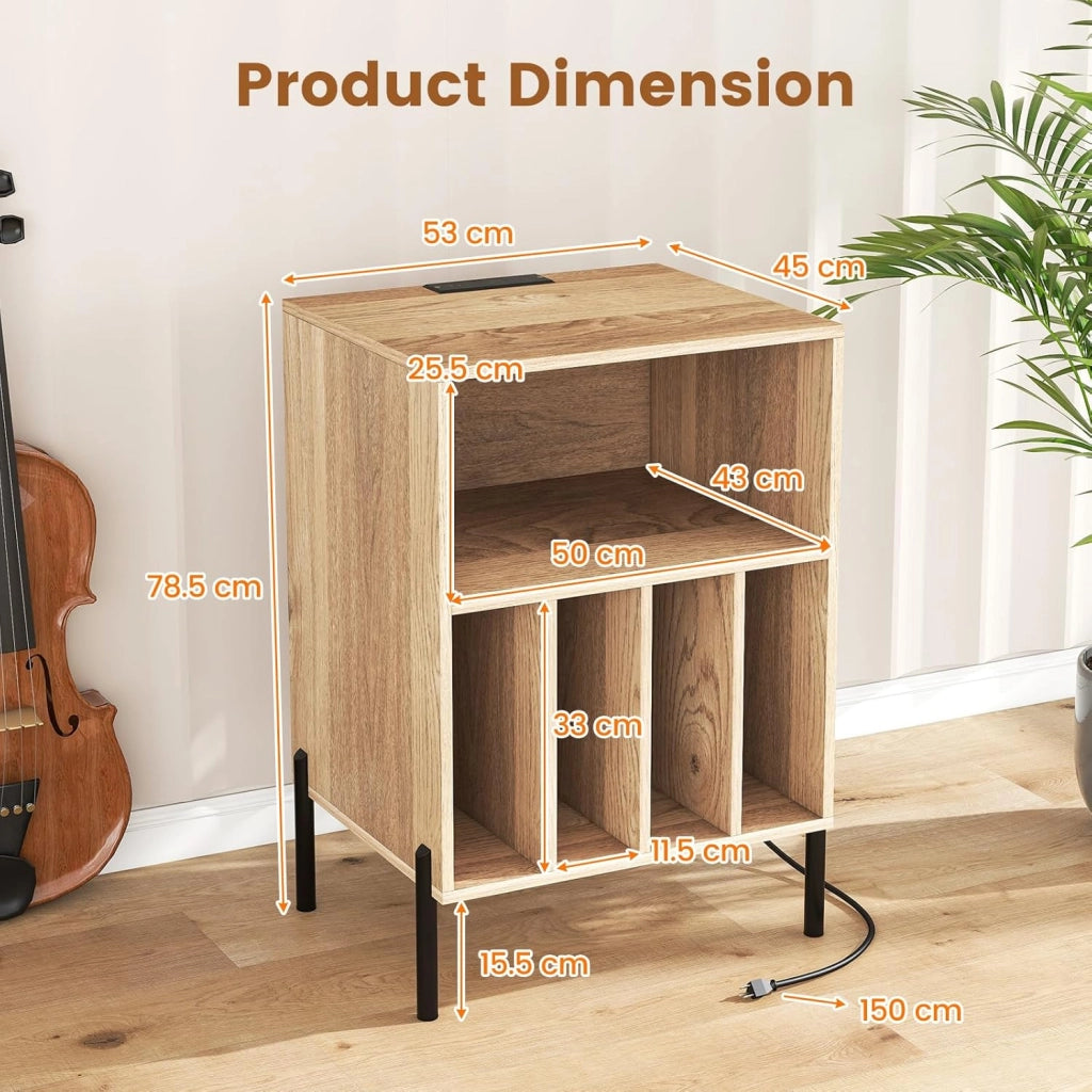 Tavolino da Letto Mobile Giradischi con Base di Ricarica, Comodino per 150 Album, 2 Porte USB, 1 Tipo C, 5 Scomparti, Gambe in Metallo, Supporto per Giradisco, 53 x 45 x 78 cm