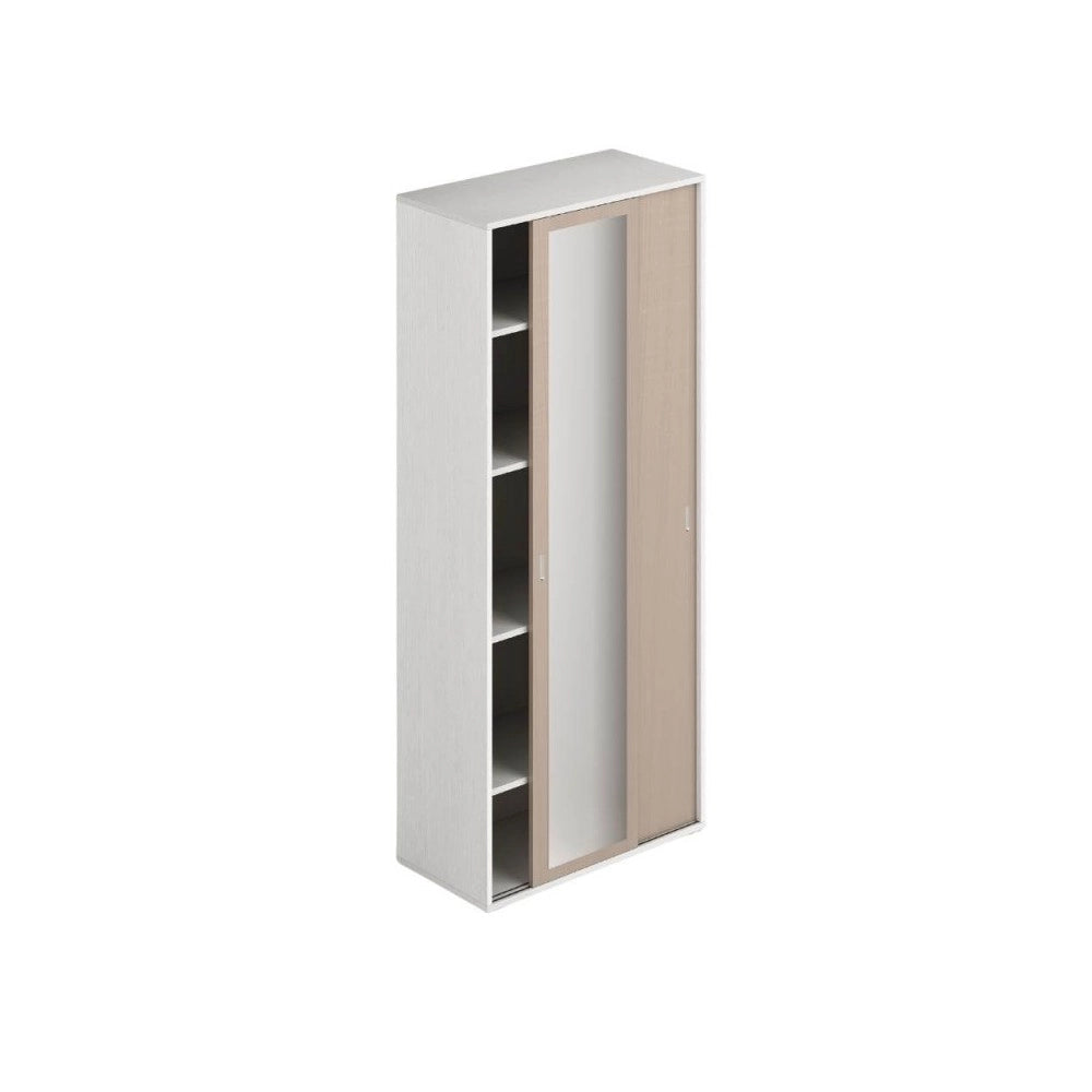 Armadio due ante con specchio scorrevoli 90x43x212h con ripiani colore bianco frassinato e olmo