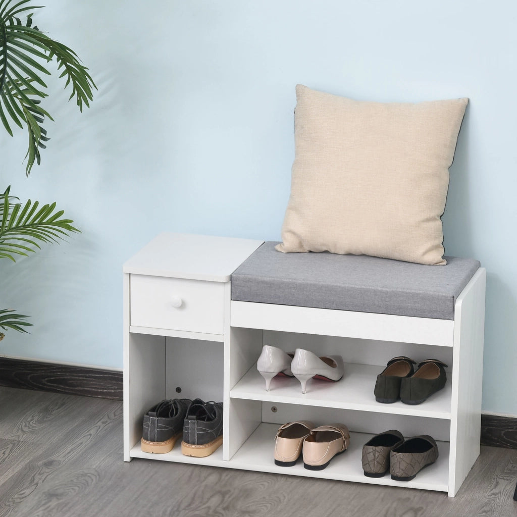 Panca Scarpiera con Cassetto e Cuscino ¨C zephmum ¨C Legno, Bianco, 81x31.5x49cm