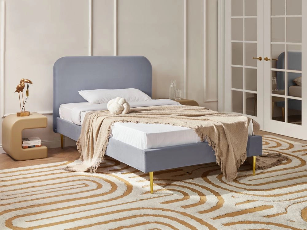 Letto in velluto giallo tappezzeria doppia dimensione gambe dorate testiera con rete a doghe 120 x 200 cm design minimalista