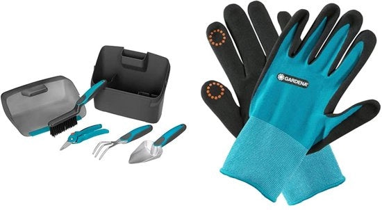 Bacchetta da giardinaggio per balcone: scatola in plastica con spazzola e strumenti integrati e set da giardino 4 pezzi (8970-20) & Manopole per piante e terriccio 7/S, Touch Mobile per uso con smartphone (11510-20)