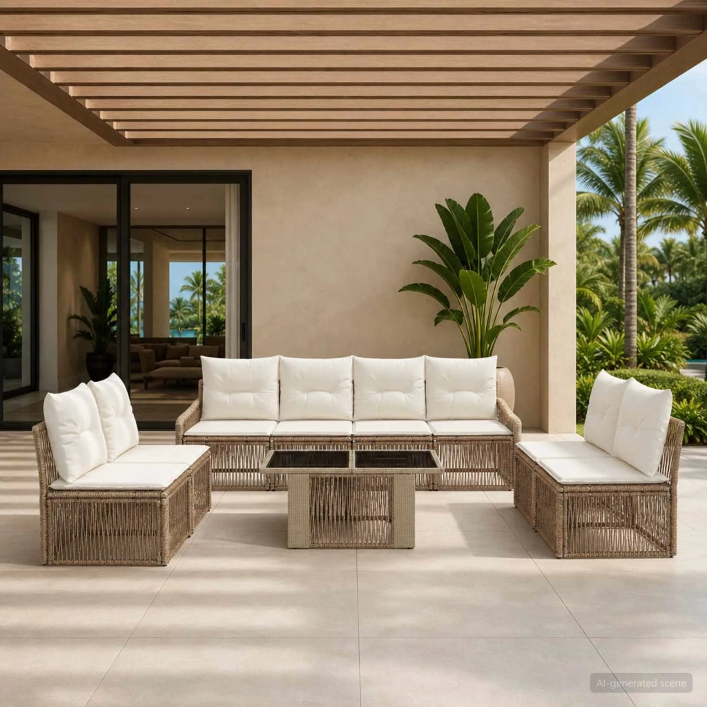 Set Divano da Giardino 9 pz Beige e Bianco Crema polyrattan 3437238