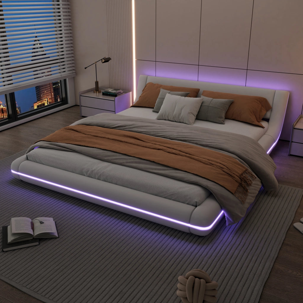 LETTO a pavimento 160x200 cm in PU bianco con illuminazione LED