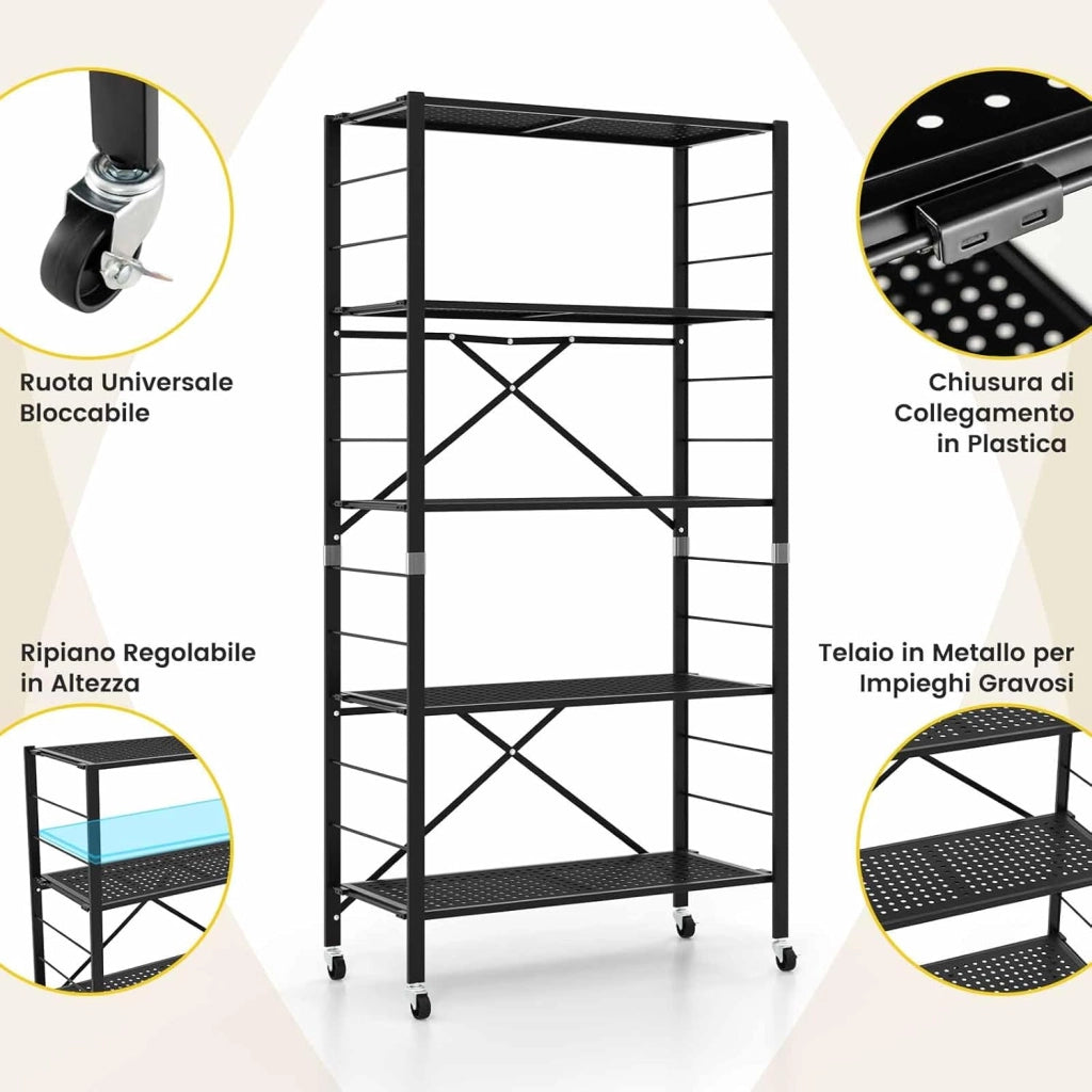 Scaffale Pieghevole con Ruote, Scaffale in Metallo con 5 Ripiani, Mobile in Metallo con Ripiani Regolabili e Grande Capacità da Cucina Balcone Soggiorno, Nero