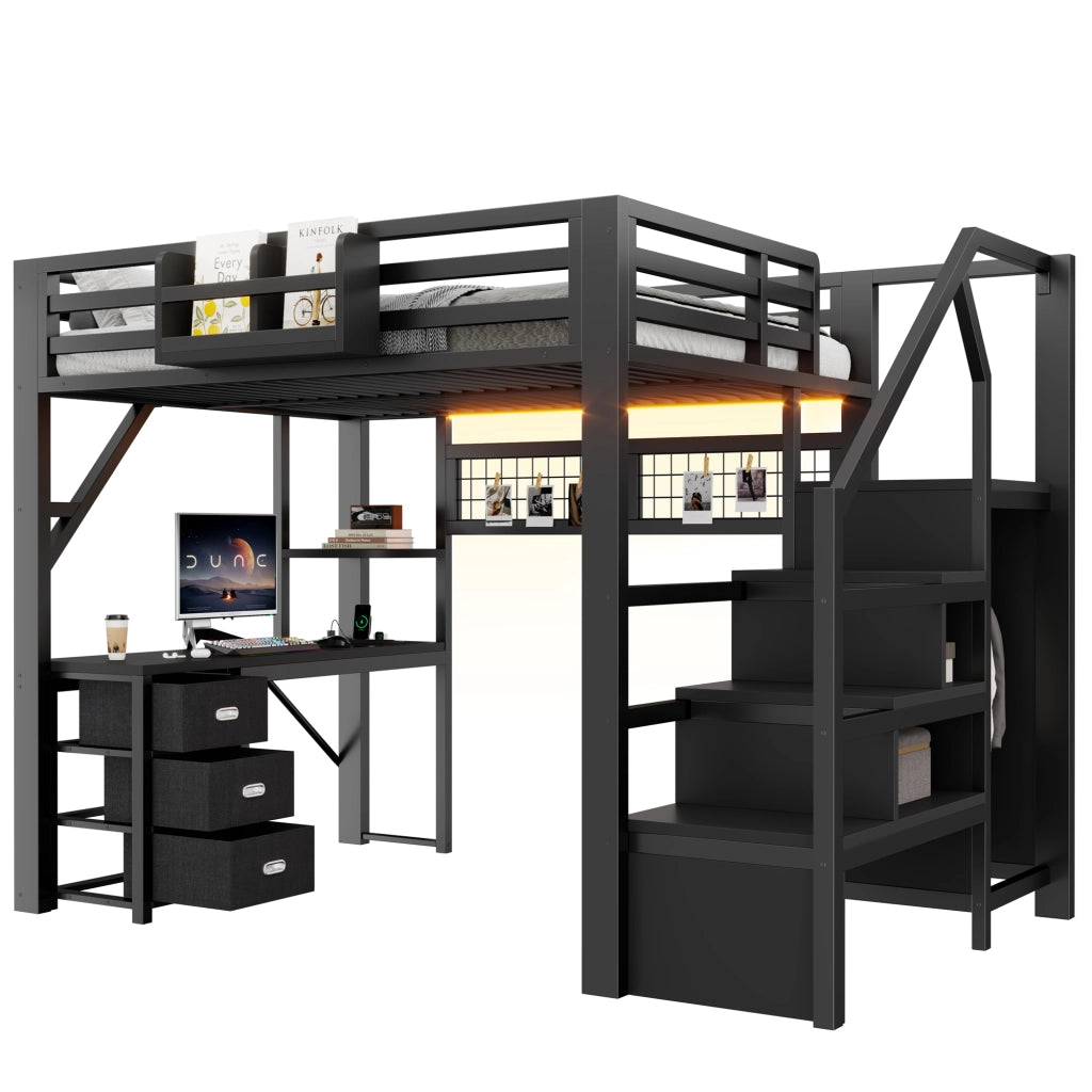 Letto a soppalco in metallo 140x200 cm con scrivania; 3 cassetti; mensole; armadio/guardaroba e LED; nero