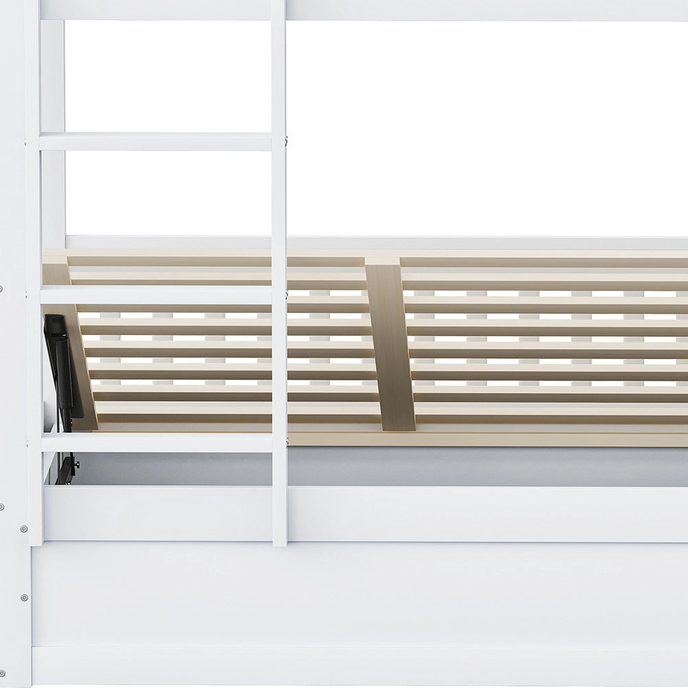 Letto a Castello/Cucce Bambini – Xylo – 90x200cm Legno Massello, Sollevamento Idraulico, Bianco, Robusto