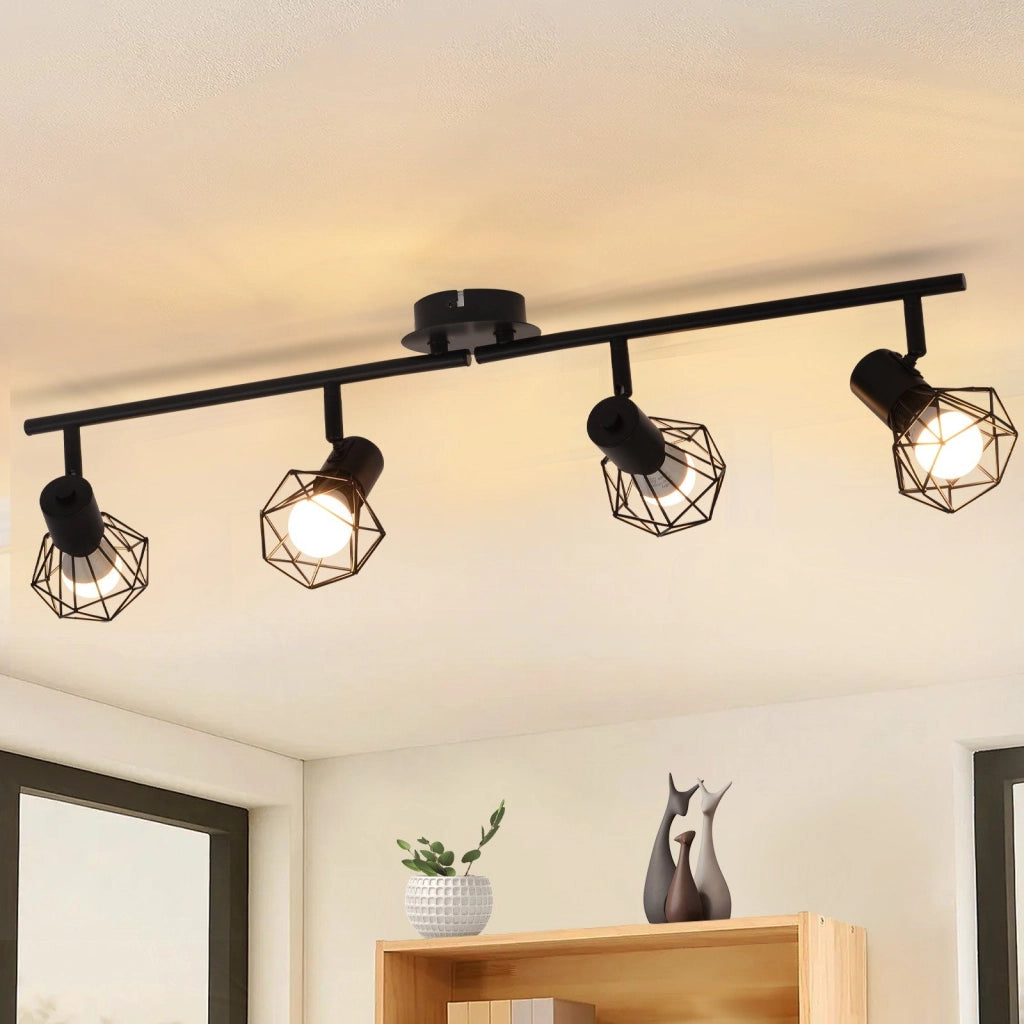 ZMH Lampada da soffitto 4 faretti orientabili 350° stile industriale retrò nero metallo E14 per soggiorno cucina