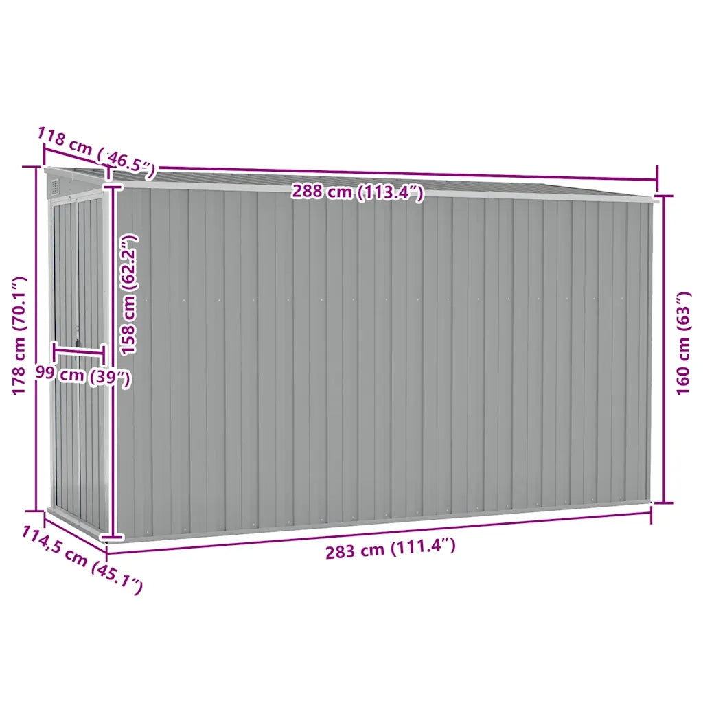 Capanno Giardino a Parete Grigio 118x288x178 cm Acciaio Zincato 316226