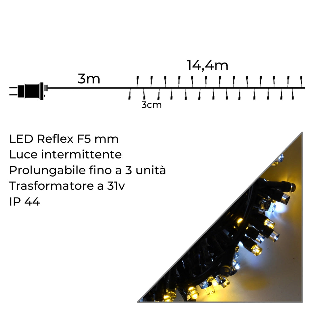 CATENA LUMINOSA LED 480 LUCI INTERMITTENTI CALDE E BIANCHE - CAVO VERDE CON TIMER, ESPANDIBILE FINO A 3 UNITA'