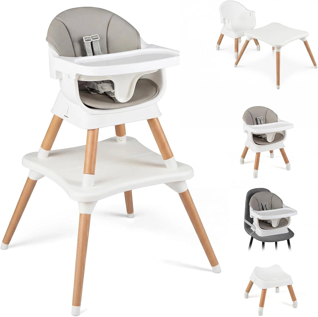 Seggiolone Pappa per Bambini, Seggiolone Convertibile con Cintura e Vassoio Rimovibile, Sedia Evolutiva per Neonati, Telaio in Legno Massello, per Neonati 6-36 Mesi (Grigio Chiaro)