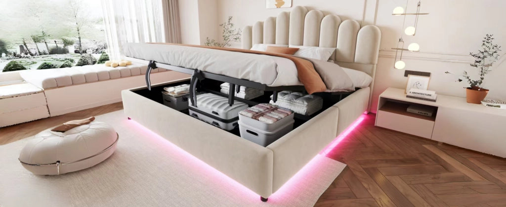 Letto imbottito con contenitore idraulico e LED, 180x200 cm, velluto beige