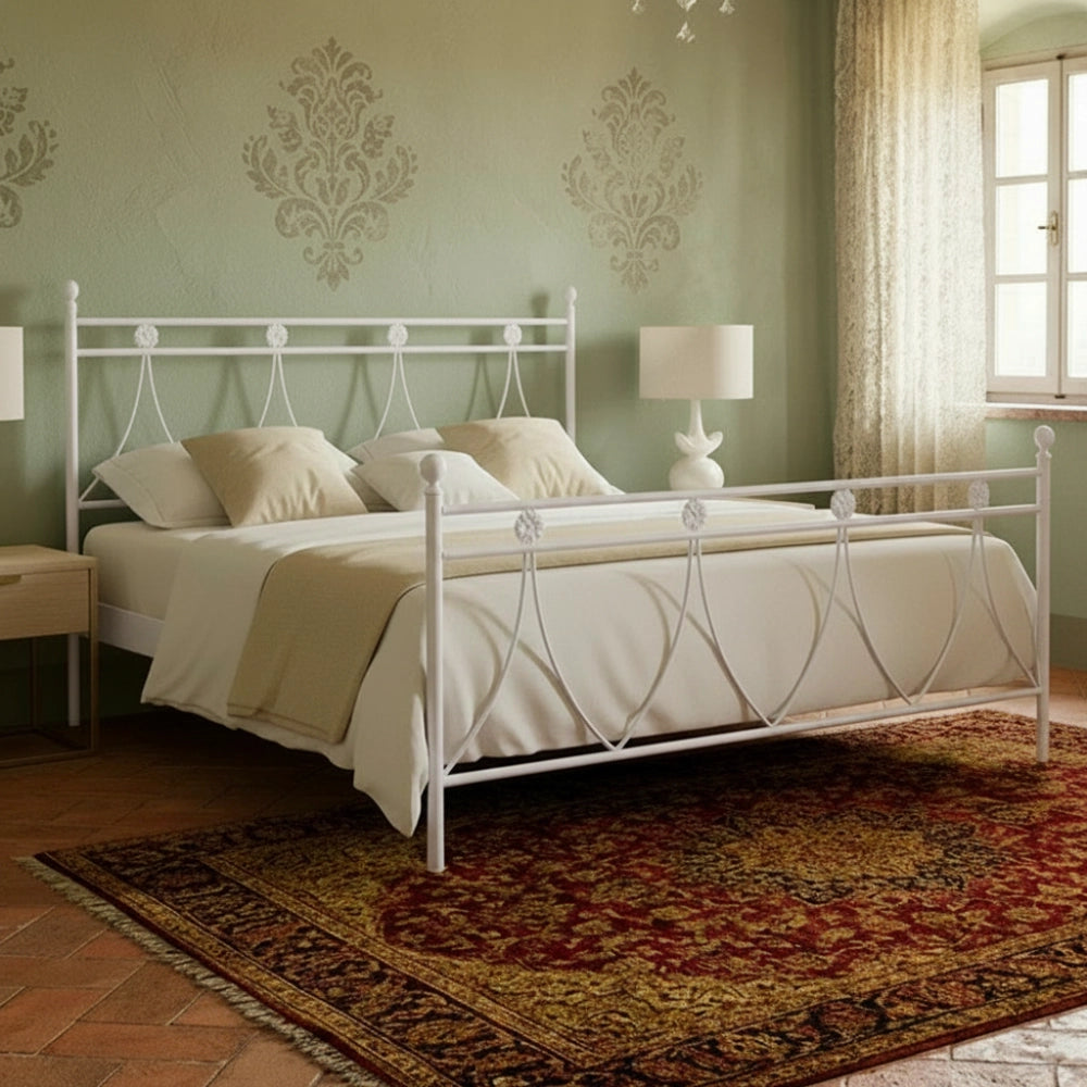 Letto in ferro matrimoniale Melissa con decoro floreale bianco opaco 170x200 cm.