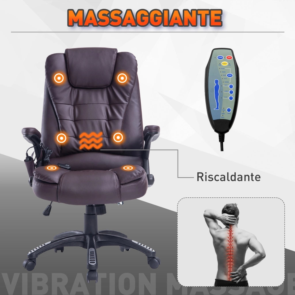 Sedia Poltrona Massaggiante da Ufficio 62x68x121 cm con Riscaldamento in Similpelle Marrone