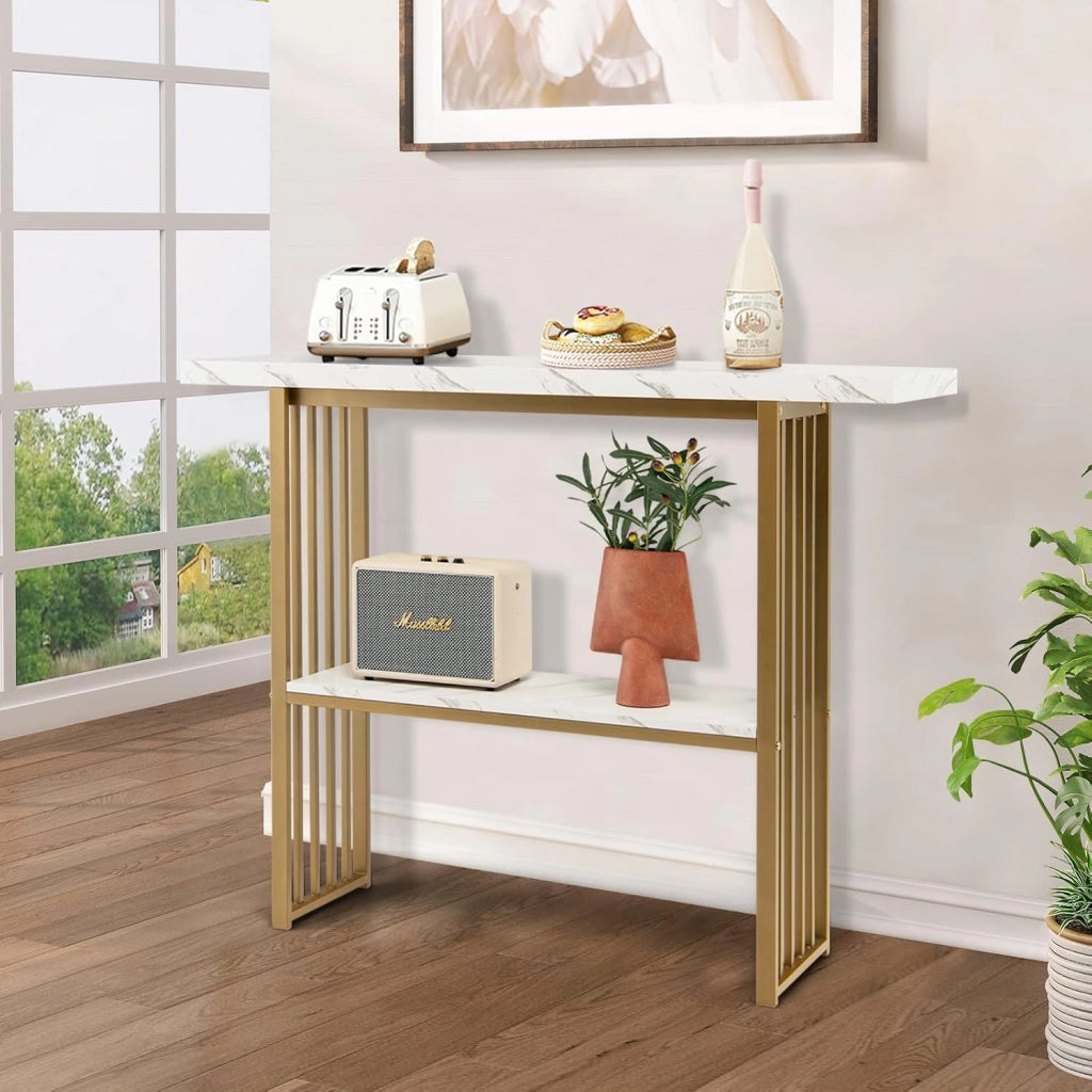Tavolo Consolle da Divano in Acciaio con Motivo a Forma di Marmo, Tavolo da Ingresso con 2 Ripiani, Salvaspazio e Superficie Liscia per Soggiorno, Salotto, Ingresso, 120 x 29,5 x 93 cm