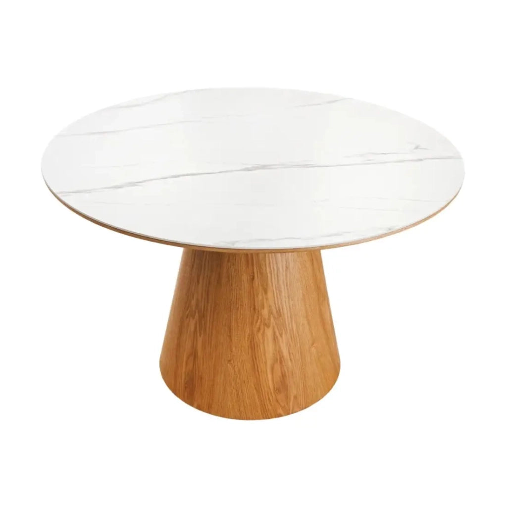 Tavolo da pranzo LUMEA – Rotondo 120 cm – Piano in ceramica effetto marmo bianco e piede in noce – Stile contemporaneo