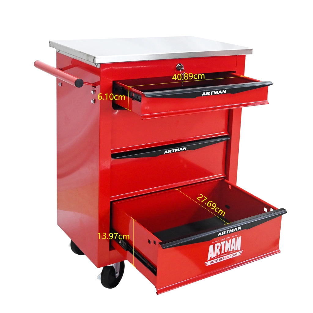 Carrello portautensili con 4 cassetti 4 ruote e serratura per garage e officina in acciaio rosso e nero 62.5 × 34.5 × 78 cm