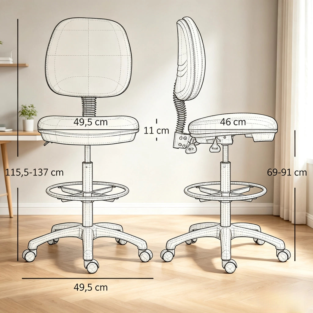 Sgabello da ufficio ergonomico regolabile in altezza, con schienale reclinabile e ruote girevoli, nero