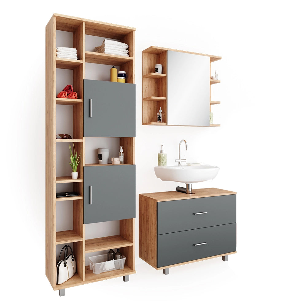 Vicco Set mobili bagno Antracite/quercia dorata 3 parti, con colonna