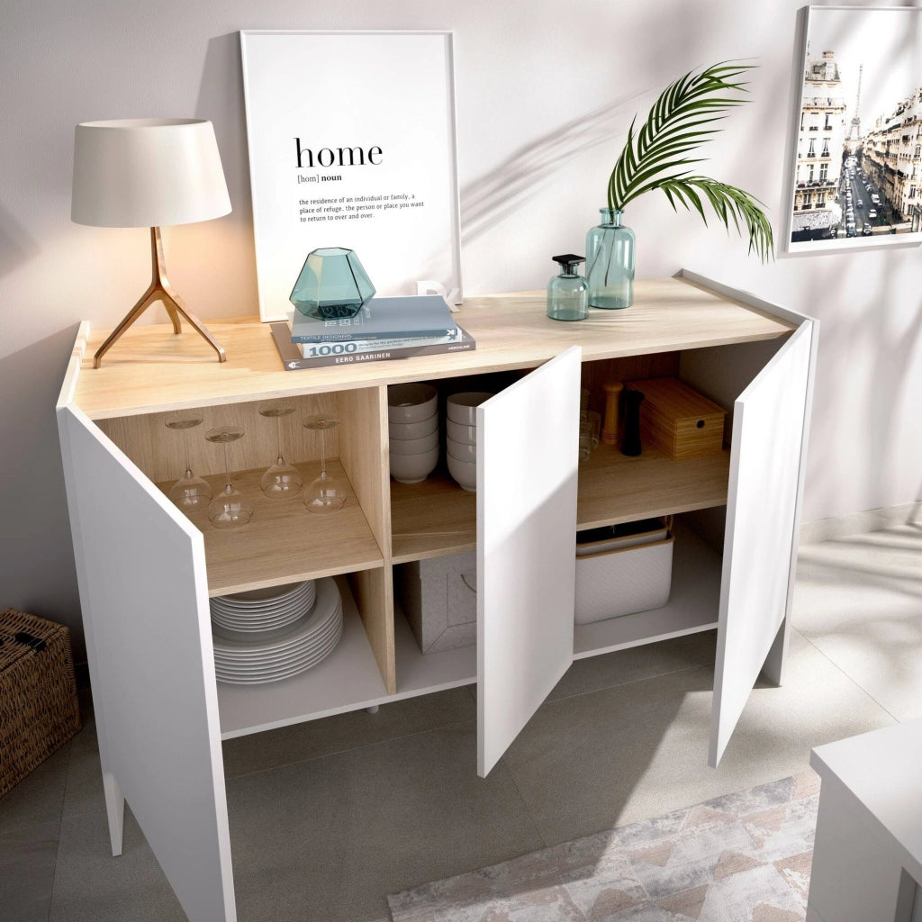 Credenza America, Buffet da soggiorno, Madia moderna da salotto a 3 ante, 138x42h76 cm, Bianco e Rovere