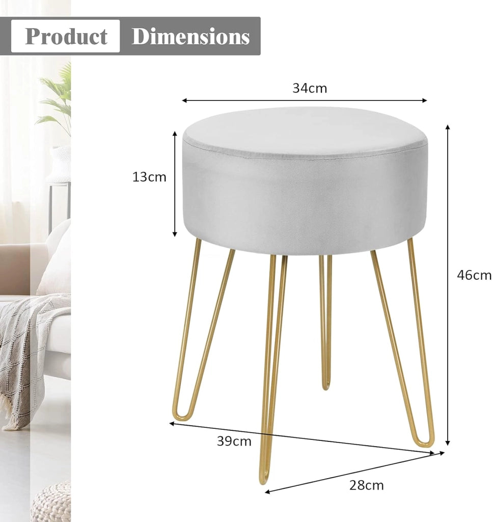 Sgabello Velluto, Ottomano Poggiapiedi, Rotondo, con Gambe in Metallo, Moderno per Soggiorno, Camera e Camerino, Portata di 100 kg, 39x39x46 cm, 4 Colori Disponibili (Grigio)