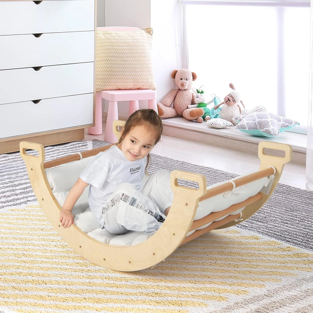 Arco da Arrampicata per Bambini, 2 in 1 Altalena ad Arco in Legno con Cuscino Morbido, Doppia Faccia, Ideale per Bambini 1+ Anni (Naturale)