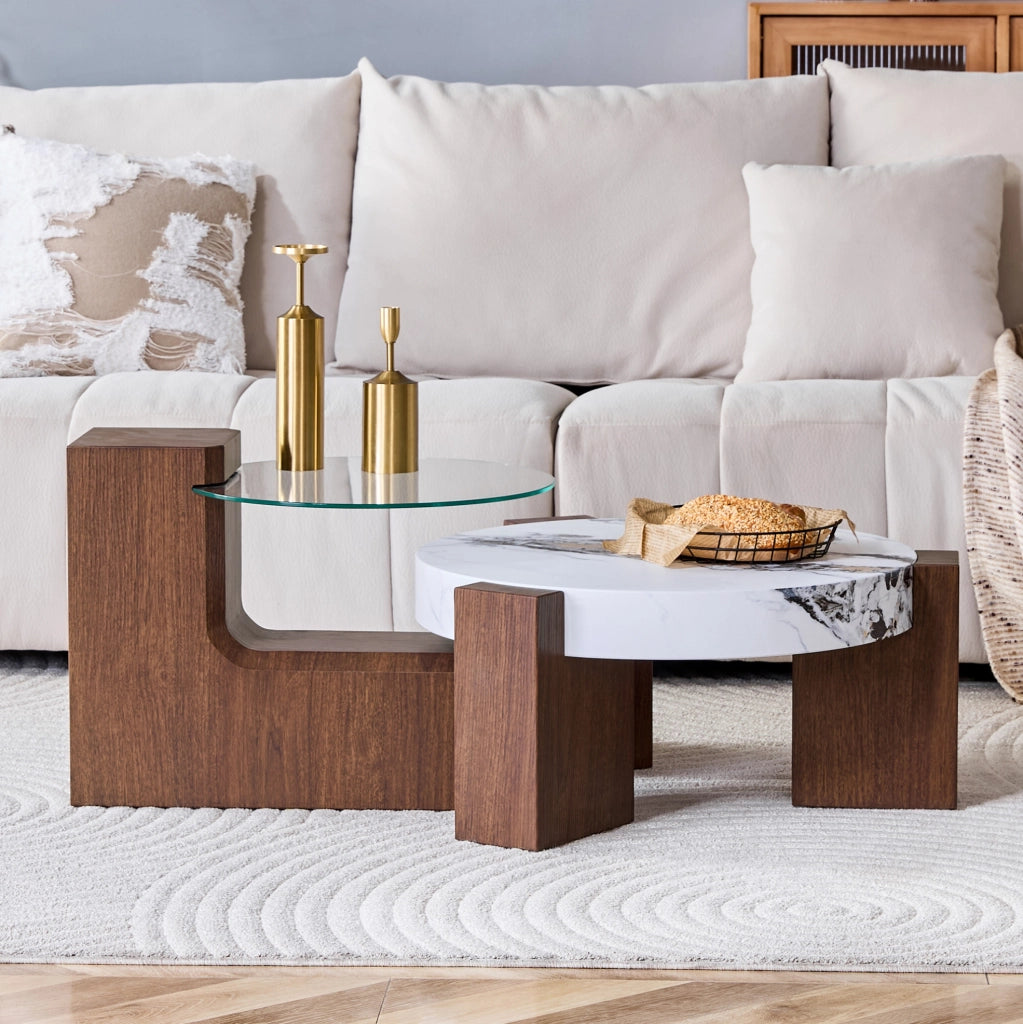 Set di tavolini da salotto rotondi 2 pezzi in MDF effetto noce; vetro trasparente; bianco marmo; 61 cm