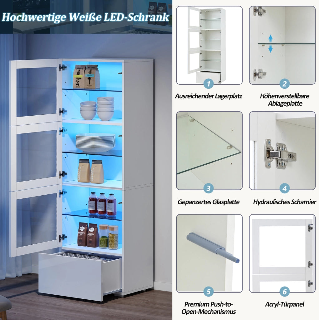 Vetrina alta LED bianca 60x40x173 cm con 3 ante e cassetto