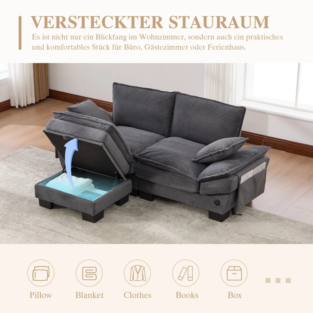 Divano modulare 2 posti con pouf seduta extra larga porta USB-C e tasche laterali in velluto a coste grigio scuro