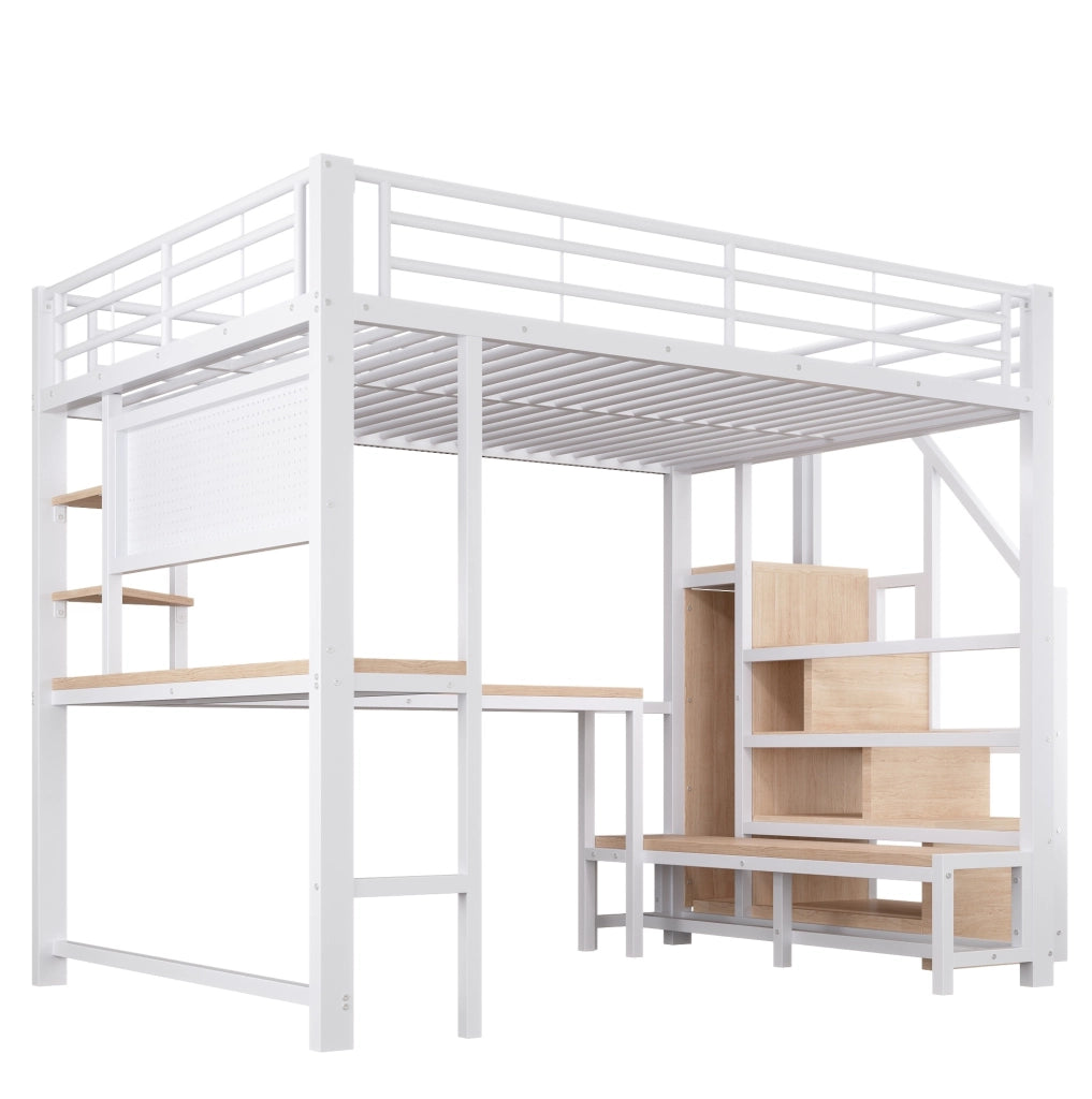Hochbett 140x200 cm con scrivania; LED; USB e Type-C; parete forata e ripiani; bianco
