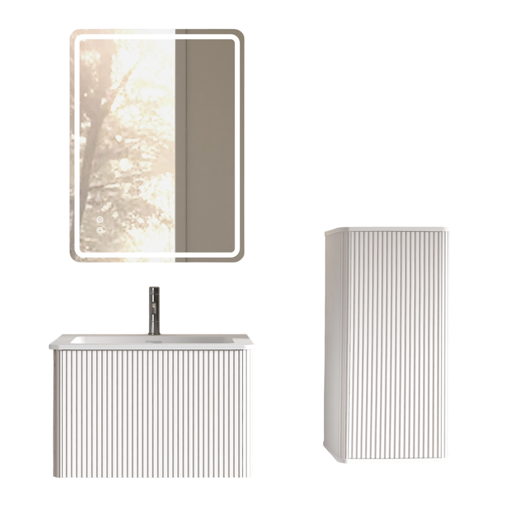 Set mobile bagno sospeso bianco con lavabo, specchio LED e colonna laterale